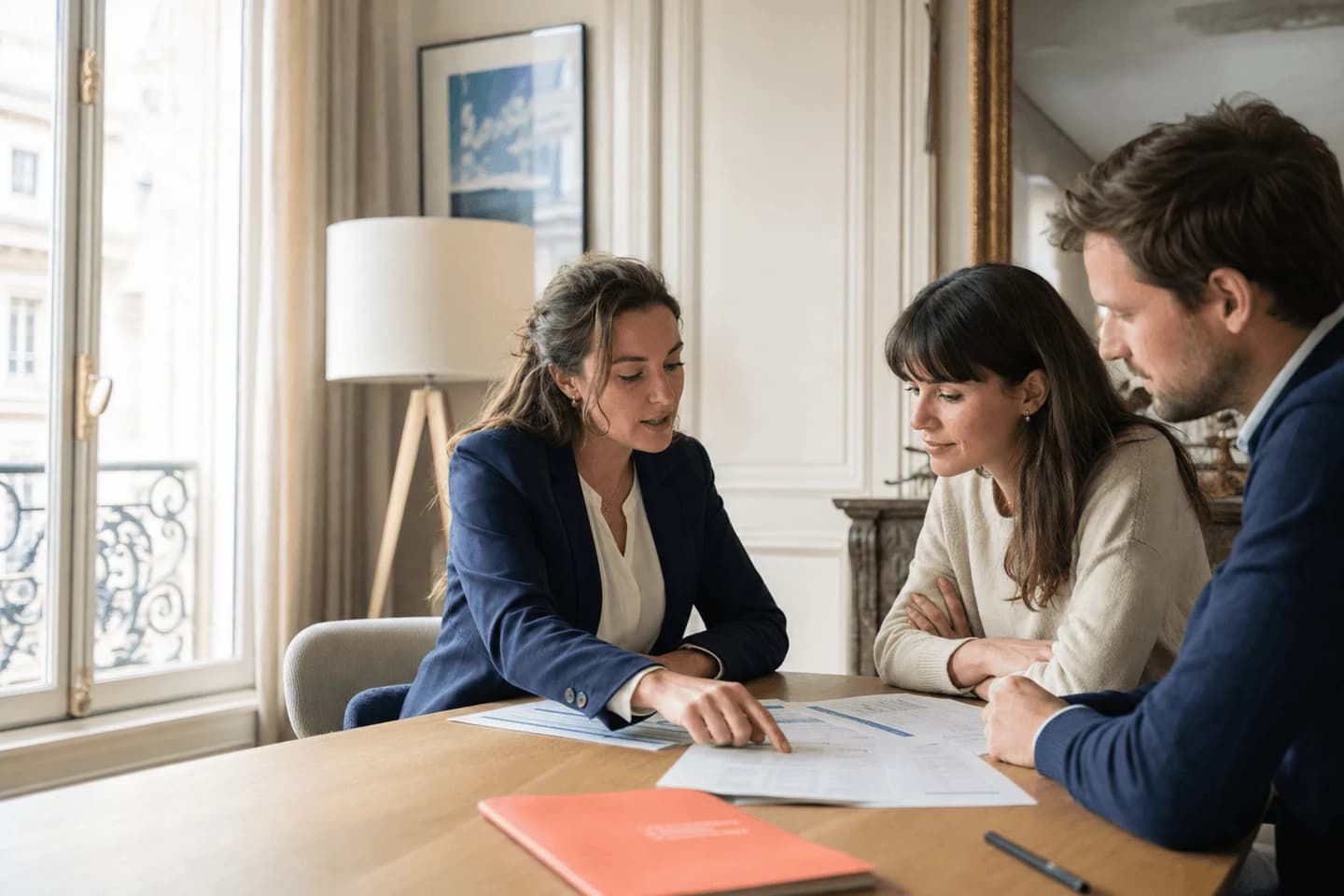 Courtière comparant des garanties d’assurance emprunteur avec un couple de propriétaires