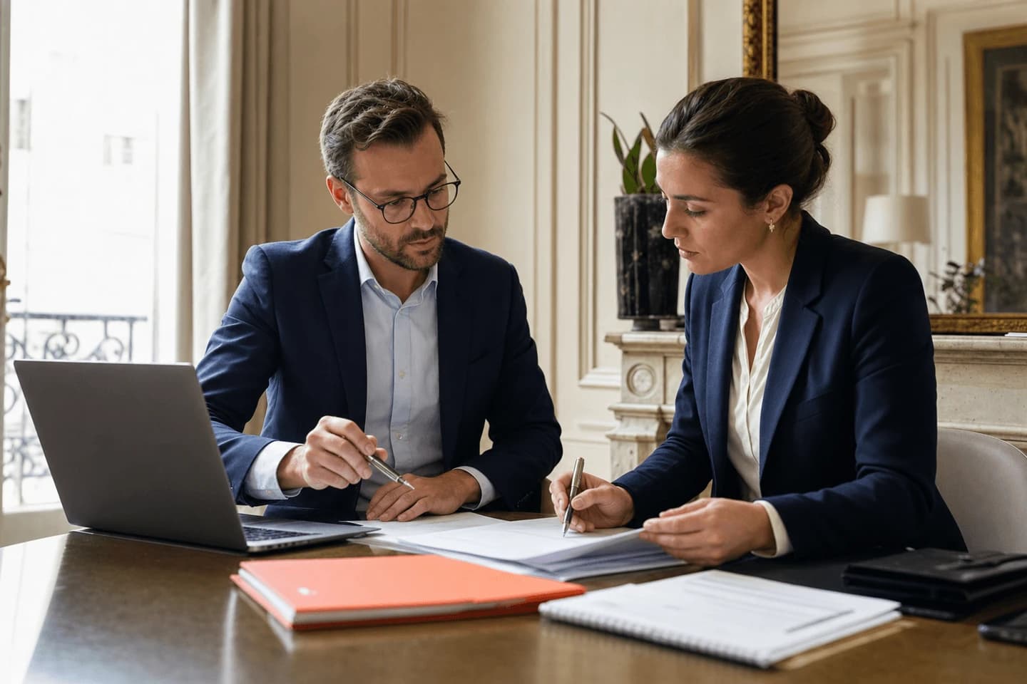 Courtier et partenaire bancaire examinant ensemble un dossier de financement complet