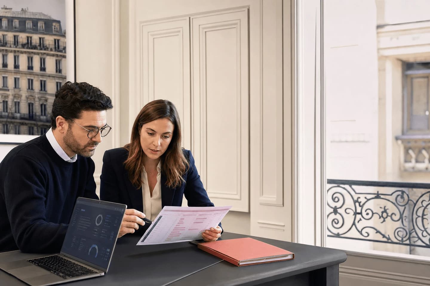 Équipe conformité et sécurité examinant la protection de données financières dans un bureau français