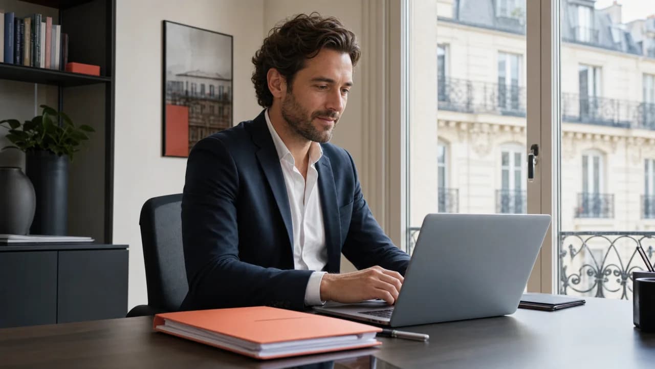 Courtier en crédit immobilier utilisant son espace de travail numérique dans un bureau parisien