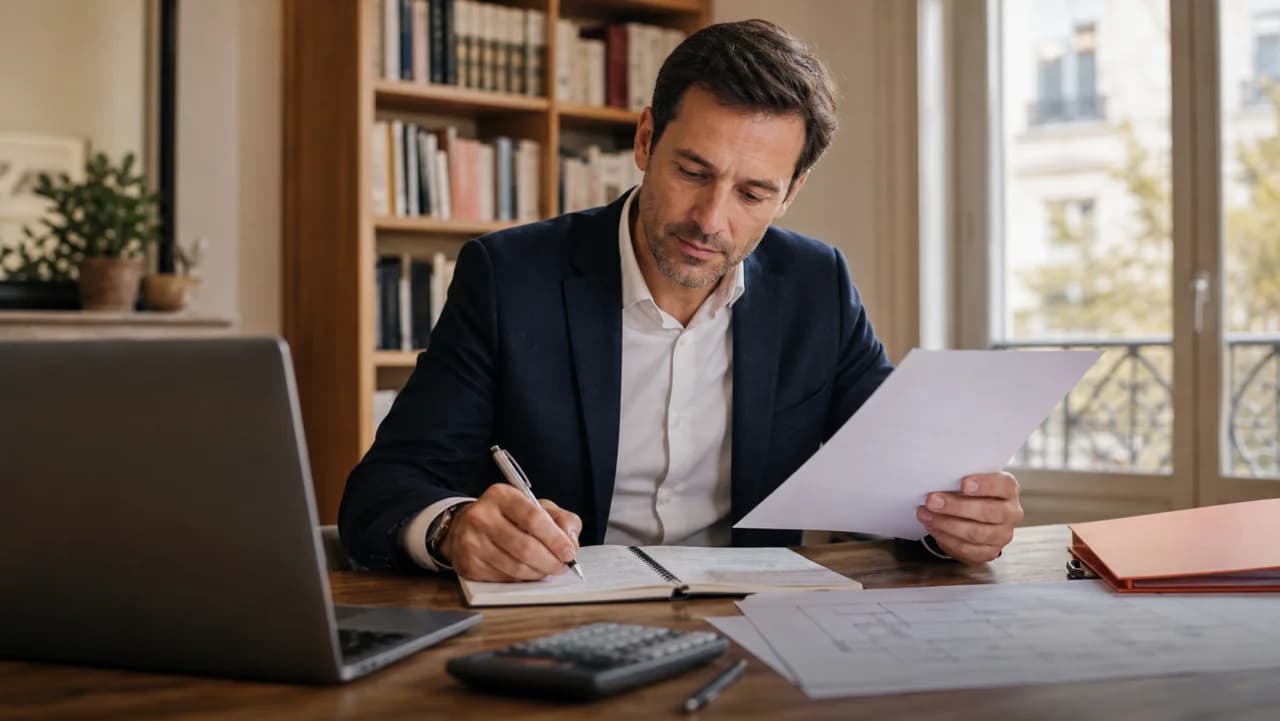 Courtier étudiant un dossier de financement et prenant des notes