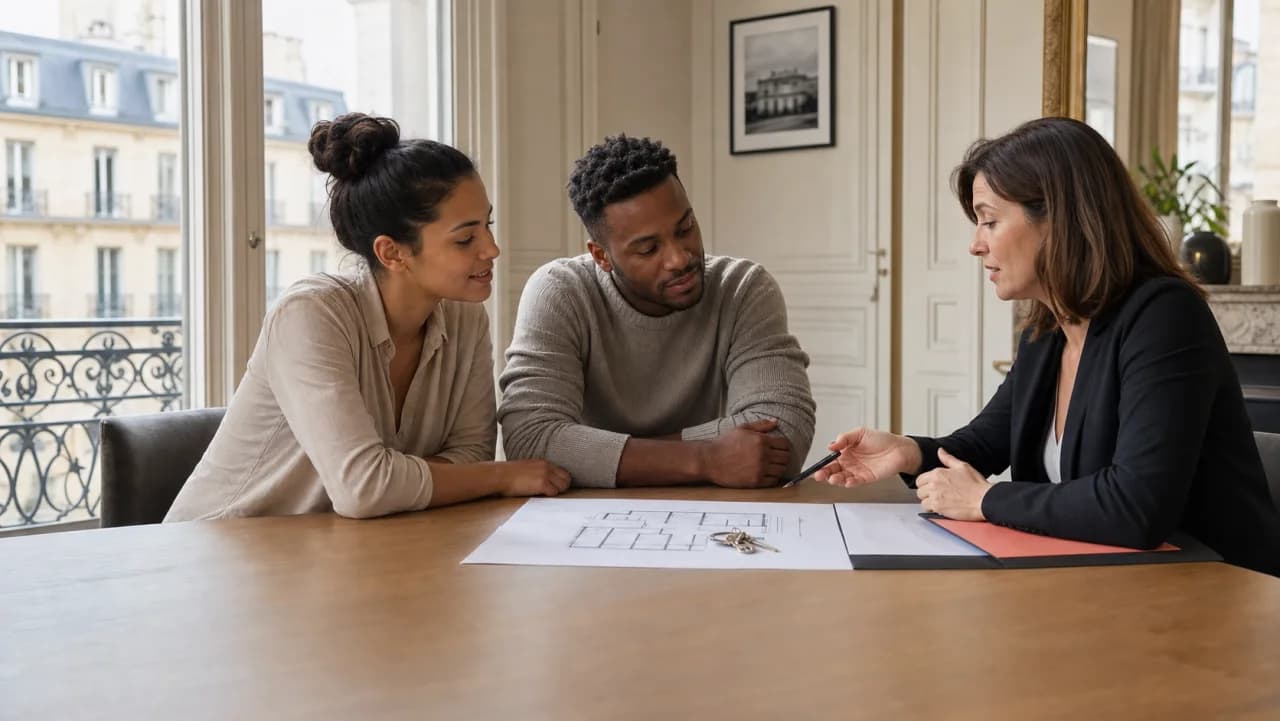 Courtière conseillant un couple sur le financement de leur logement