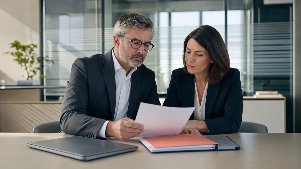 Professionnels de la conformité examinant ensemble un dossier confidentiel