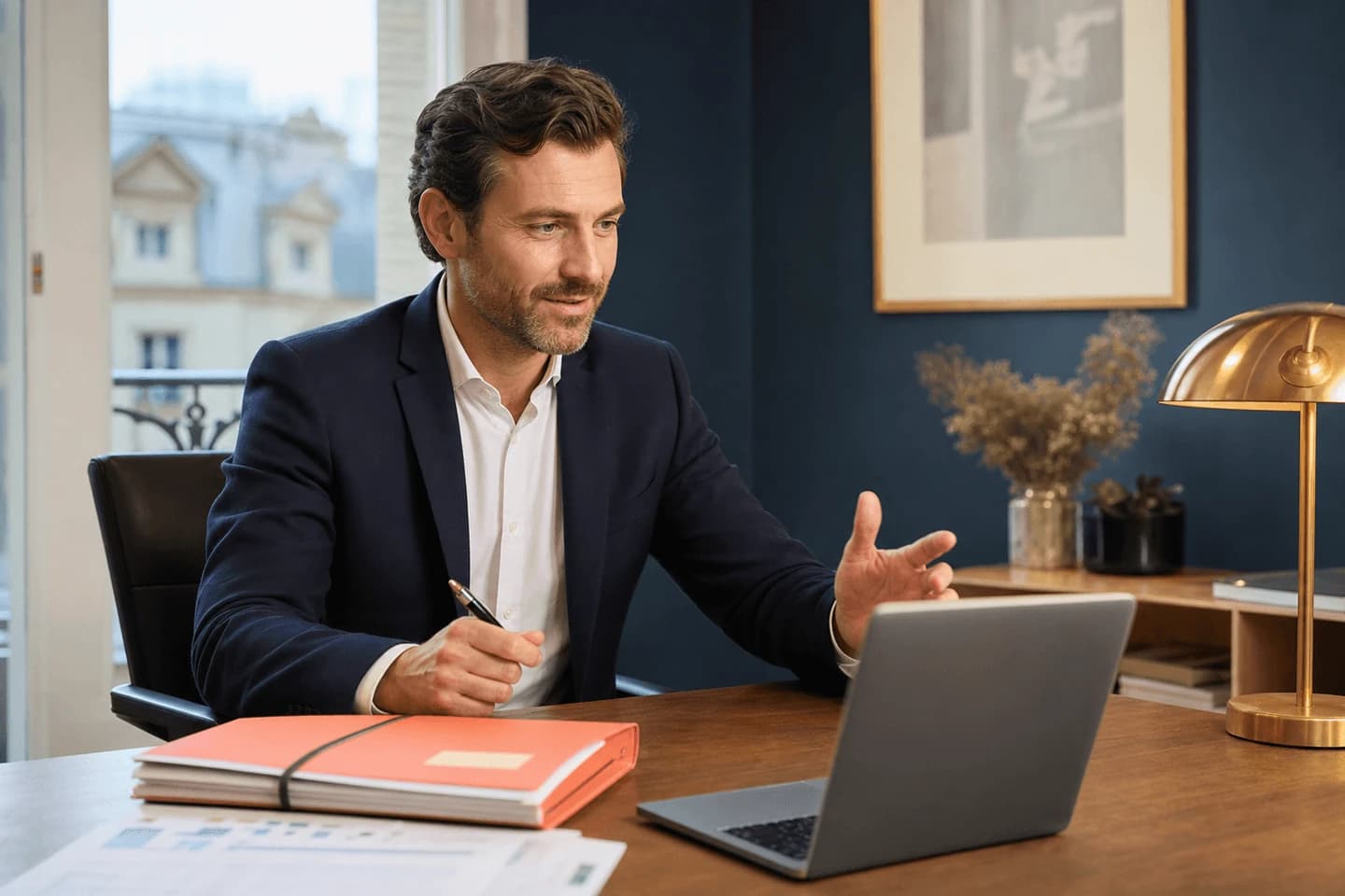 Courtier indépendant échangeant avec un emprunteur depuis son bureau parisien