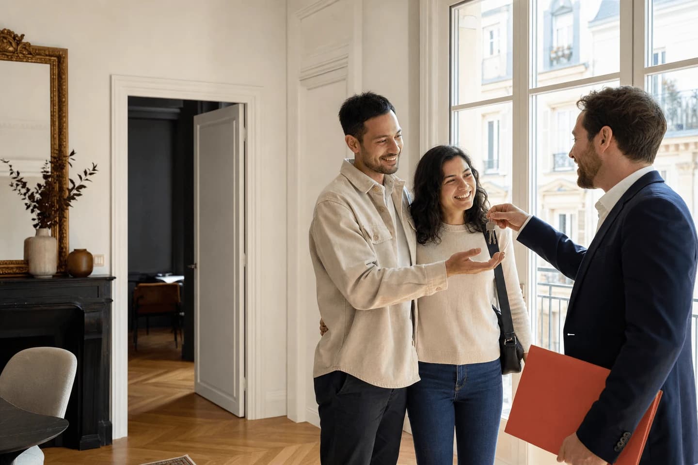 Courtière remettant les clés de leur nouveau logement à des emprunteurs satisfaits