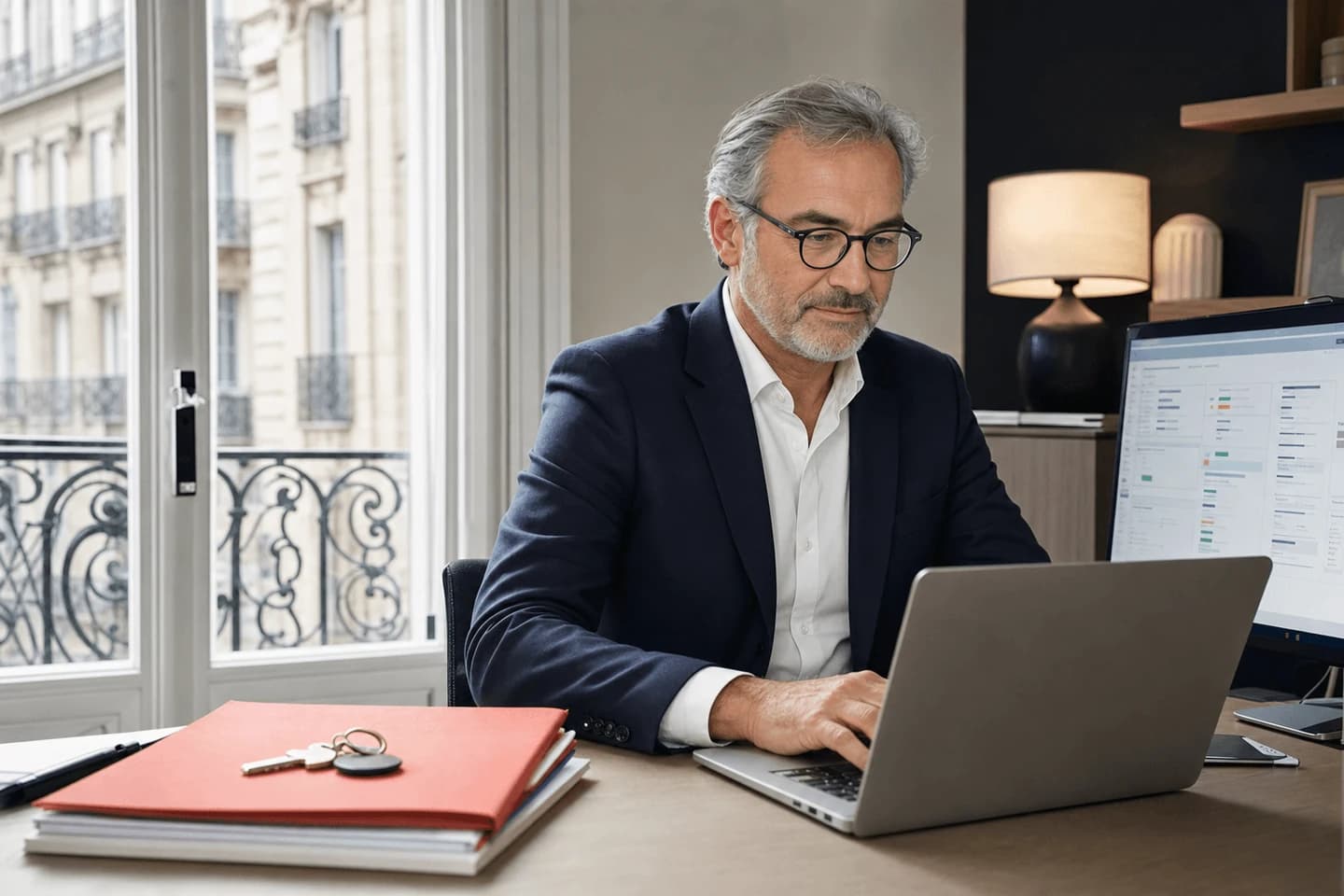 Courtier en crédit immobilier pilotant ses dossiers depuis une plateforme numérique dans un bureau parisien